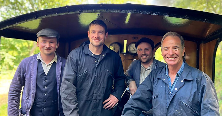 Robson Green and Tom Brittney on train at Tanfield Railway © BBC